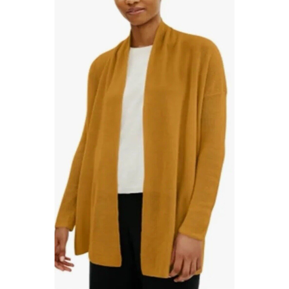 EILEEN FISHER PETITE Mustard Yellow Open Front Cardigan Sz PS Linen Cotton‎ Slub